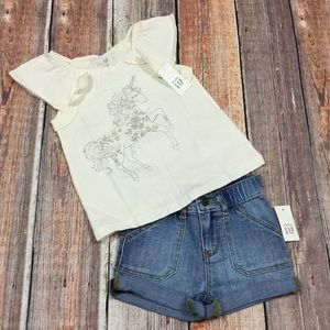 Gap Girl 12-18 Month Unicorn Shirt and Denim Shorts